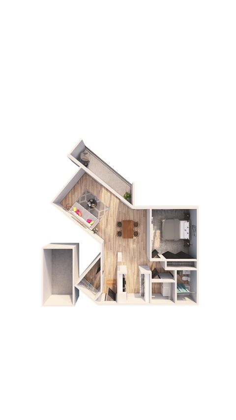 Floor plan for 1 bed, 1 bath, 906 sqft